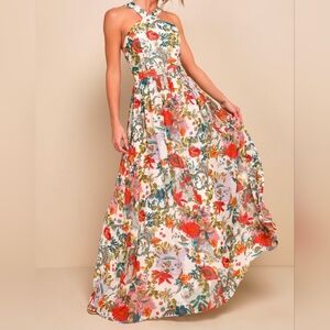 Lulus Lilja Cream Floral Print Sleeveless Maxi Dress, Size Medium
